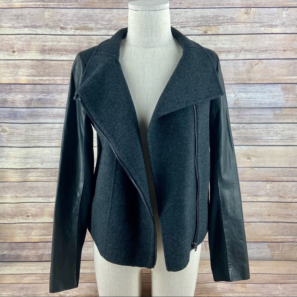 Vince Leather Wool Funnel Neck Black Moto Jacket Coat Medium